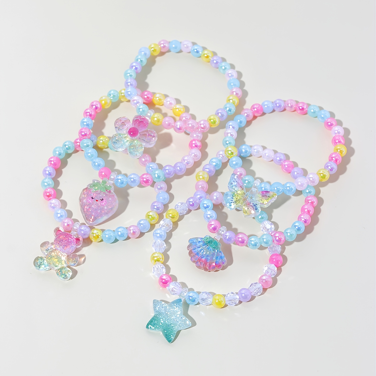 6pcs Multi-color Bead Bracelet Set with Cute Pendants for Girls